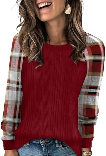 Soft red plaid raglan panels bring holiday warmth to a lightweight chenille knit top that sits easy over blue jeans or black leggings.