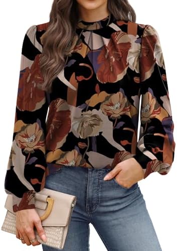 A structured mock neck and soft front pleats shape this long sleeve blouse in our detailed Floral Printb pattern.