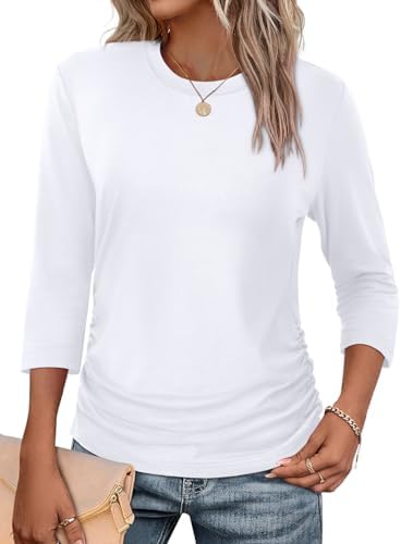 Crisp white knit cut with three-quarter sleeves and gathered side ruching gives this crewneck tunic a clean profile.