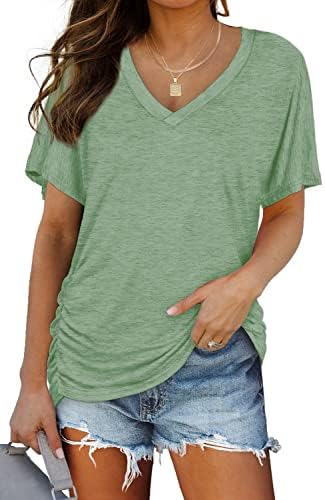 Side shirring gives this light green V-neck tee an easy drape that pairs neatly with dark denim or white shorts.