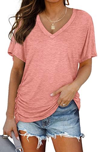 Gathered side seams and a relaxed dolman sleeve give this light pink tee an easy drape that pairs naturally with denim.