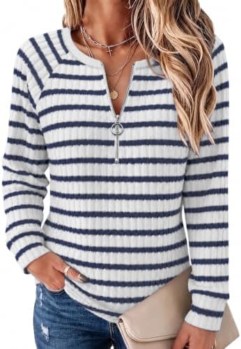 Fine horizontal striping across a deep navy ribbed knit gives this quarter-zip pullover an easy, polished look for cool days.