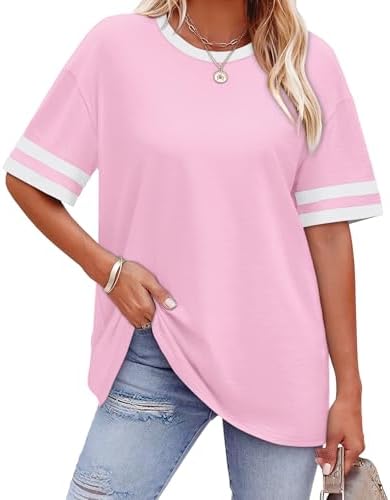 Striped sleeve bands give this soft light pink summer tee a crisp graphic finish that pairs easily with blue denim.