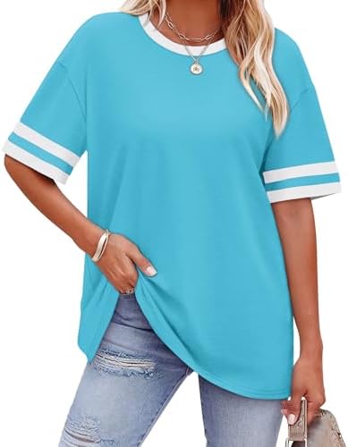 A soft sky blue tee cut roomy with contrast striped cuffs on the half sleeves, ready for warm sunny days.
