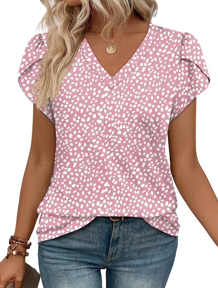 Petal sleeves with lace trim and a crisp pink dot print give this soft stretchy V-neck top an easy, cheerful summer look.