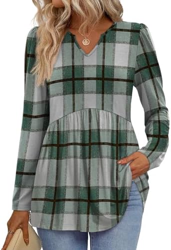 A soft babydoll top in green plaid, cut with long puff sleeves and an open V-neckline for easy layering across cool seasons.