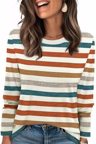 Bright horizontal bands of orange meet a neat ribbed crewneck on this soft, stretch-knit long sleeve shirt.
