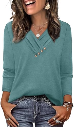 Cut in rich teal with a clean V-neck and front buttons, this soft long sleeve tunic drapes comfortably over leggings or denim.