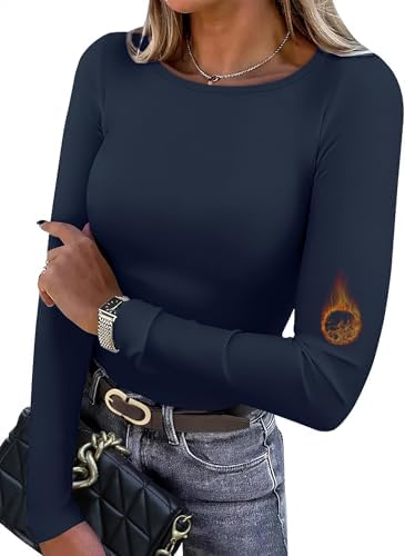 Deep navy rayon with a light brushed fleece backing gives this slim long sleeve top smooth warmth for cool days.