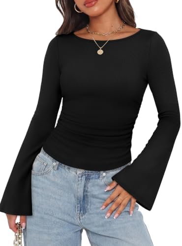 A wide boat neck and gentle bell sleeves give this ribbed knit long sleeve top a graceful line for work or weekends.