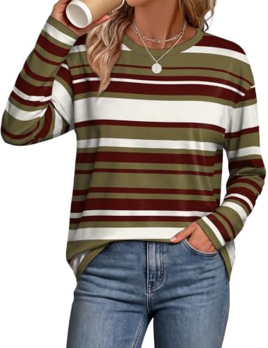 Earthy green and warm brown stripes bring a rich, grounded tone to this relaxed drop-shoulder long sleeve top.