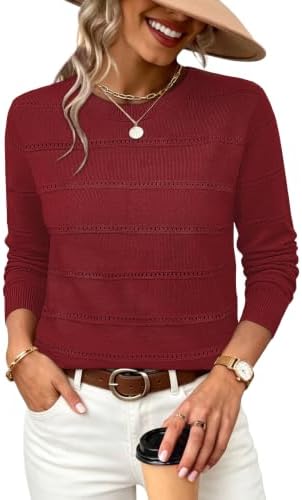 Open eyelet stripes run down this rich red knit top, cut with long sleeves and a curved scoop neckline.