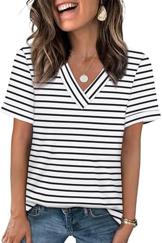 Crisp black and white stripes give this soft v-neck tee a classic nautical feel for easy sunny days.