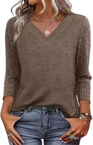 Deep coffee brown knit pairs with three-quarter sleeves and a clean V-neck for an easy, layered warm-weather top.