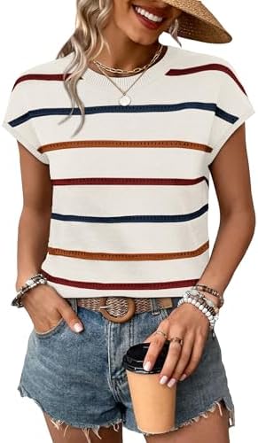 Soft eyelet striping in warm apricot gives this breathable cap-sleeve knit top an easy, polished look for warm days.
