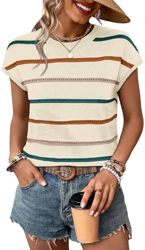 Fine pointelle stripes in soft apricot give this lightweight cap-sleeve knit an airy feel for warm mornings and breezy decks.