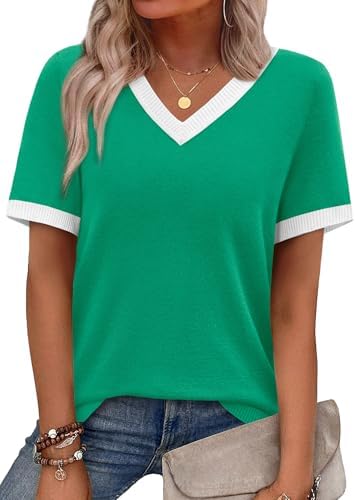 Fresh colorblock green panels and a classic V-neckline give this lightweight summer knit sweater an easy polished feel.