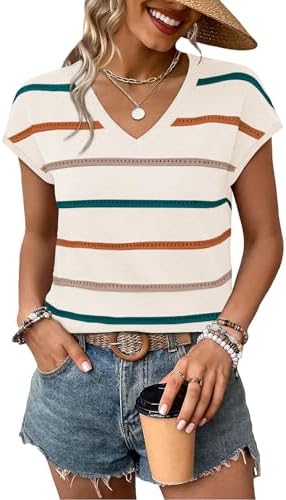 Soft green and apricot stripes bring warm color to this open-stitch summer sweater with cap sleeves and a neat V-neck.