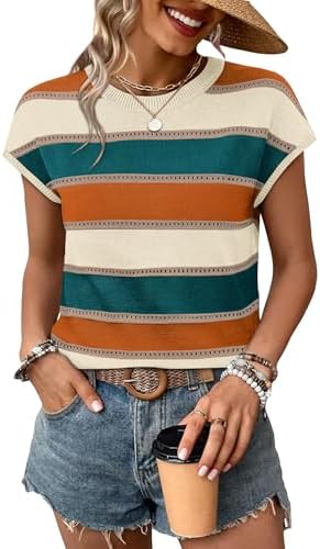 Breezy eyelet rows and warm green and orange stripes make this soft knit top an easy pick for sunny afternoons.