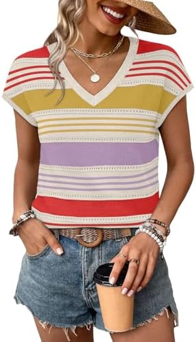 Vibrant multicolored stripes run across an open-stitch summer knit with neat cap sleeves and a clean V-neckline.