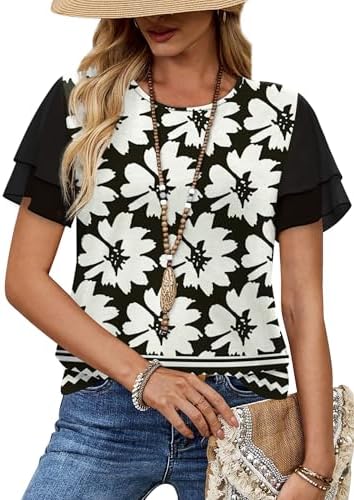 Double-layer chiffon ruffle sleeves add an airy drape to this black floral tee, sized S through XXL for warm-weather packing.
