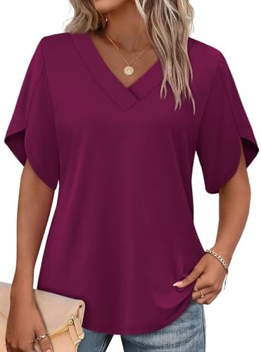 Split petal sleeves and a rich deeppurple shade give this everyday V-neck blouse a refined summer look.