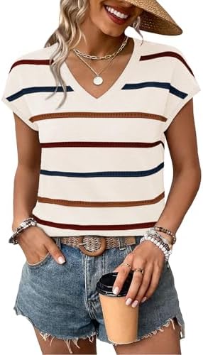 Warm wine stripes set against soft apricot give this open-stitch summer sweater an easy, refined look on sunny workdays.