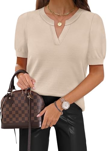 Lightweight apricot yarn brings a warm neutral glow to this breathable V-neck knit with clean short sleeves.