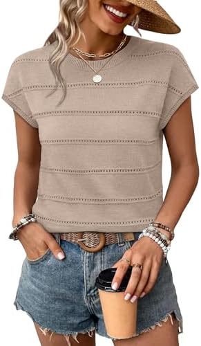 Open eyelet stripes run down this lightweight brown knit top, finished with soft cap sleeves and a gentle scoop neckline.