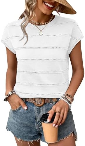 Crisp white openwork stripes give this lightweight knit top a clean, breezy feel for warm days and layered work mornings.
