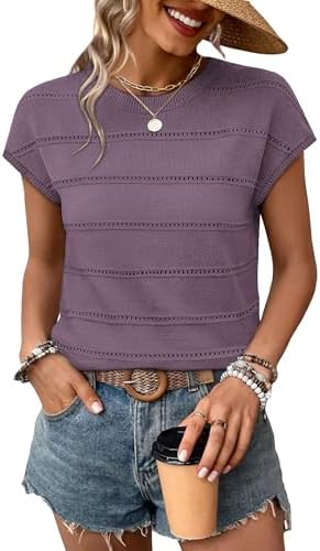 A soft lightweight knit top in vivid purple, finished with airy eyelet stripes and neat cap sleeves.