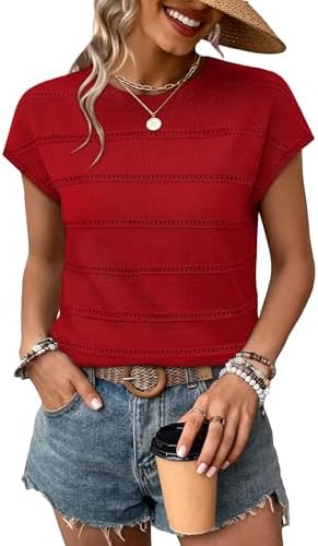 Knitted in a rich red hue, this cap-sleeve top combines open eyelet stripes with a soft, breathable texture for warm weather.