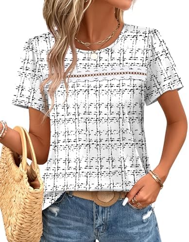 Crisp white houndstooth pairs with delicate lace details on a loose puff sleeve top cut for warm sunny days.