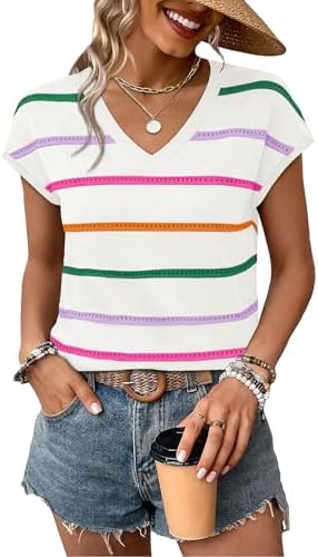 Bright bands of color cross crisp white knit in this airy cap-sleeve sweater, tailored for warm workdays and resort mornings.