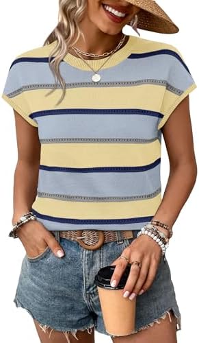 Bright yellow and cool blue stripes give this open-stitch summer sweater a lively, sunlit look for warm days ahead.