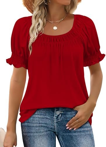 A vivid red knit top with a wide square neckline and smocked ruffle sleeves that easily tucks into summer trousers.