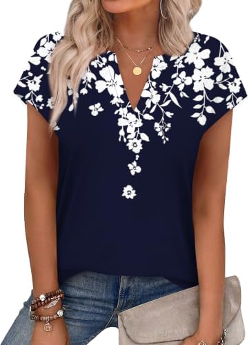 Printed in cool blue foliage, this breezy cap sleeve tee features a neat notched neckline and an easy drape for warm afternoons.