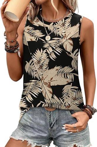 Botanical leaf prints across warm khaki make this long crewneck tank an easy pull-on layer over leggings and shorts.
