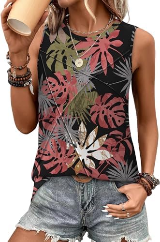 Printed with leafy foliage on soft pink, this long crewneck tank pairs easily over leggings and bike shorts for warm days.