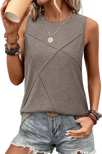 A relaxed crewneck tank in muted coffee grey, cut longer through the hem with subtle vertical line stitching down the front.