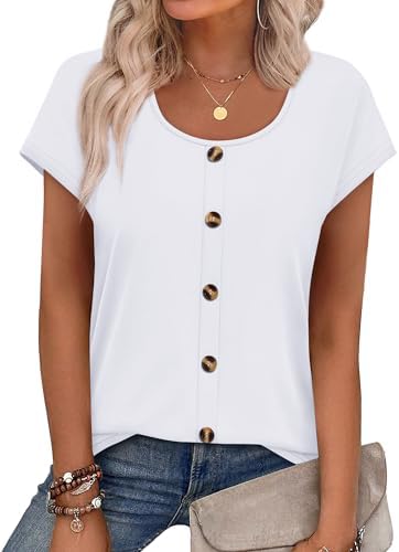 A soft white top with a curved U-neck, short cap sleeves, and sewn front buttons that lie completely flat.