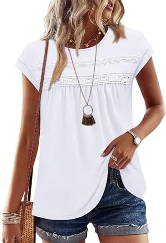 Crisp crochet lace trims the shoulders of this bright white top, finished with soft cap sleeves and a gentle peplum hem.