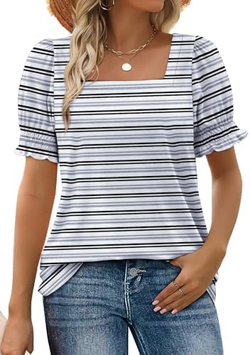 Crisp black and white stripes pair with a square neckline and ruffled sleeves for easy summer travel.