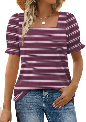 Deep wine-red horizontal stripes meet an open square neckline and elastic ruffle sleeves for easy packing and everyday wear.