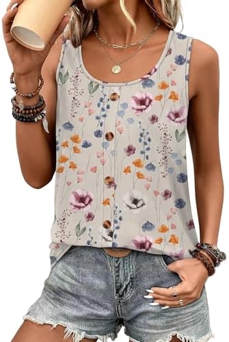 Soft apricot blossoms drift across this flowy summer tank, cut with a squared crew neckline and front buttons.