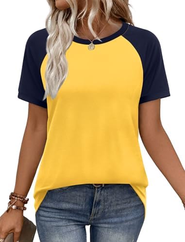 Crisp navy knit sets off bright yellow raglan sleeves on this easy warm-weather crewneck tee.