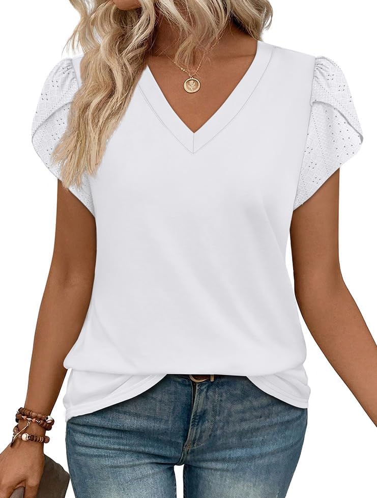Petal sleeves with delicate lace trim bring a refined look to this soft white V-neck top cut for daily wear.