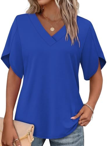 A saturated royal blue hue pairs with curved tulip sleeves on this soft V-neck knit tee built for warm sunny days.