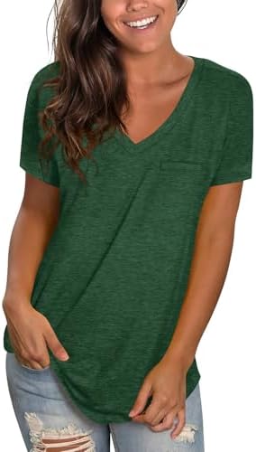A soft cotton-blend tee in fresh green, finished with decorative pocket details and an easy V-neckline.
