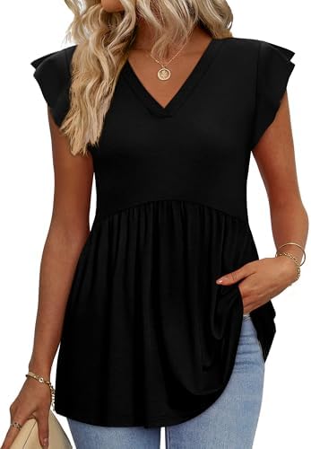 A soft babydoll top in classic black, featuring fluttery ruffle sleeves and a generous flare through the torso.